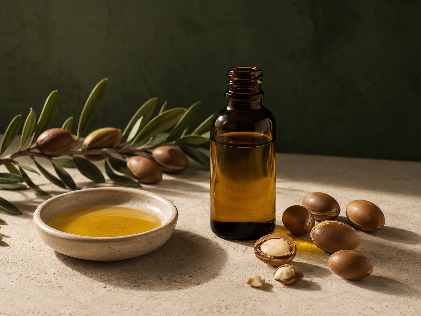 Huile d'argan marocaine dans un flacon compte-gouttes ambré à côté d'amandons d'argan