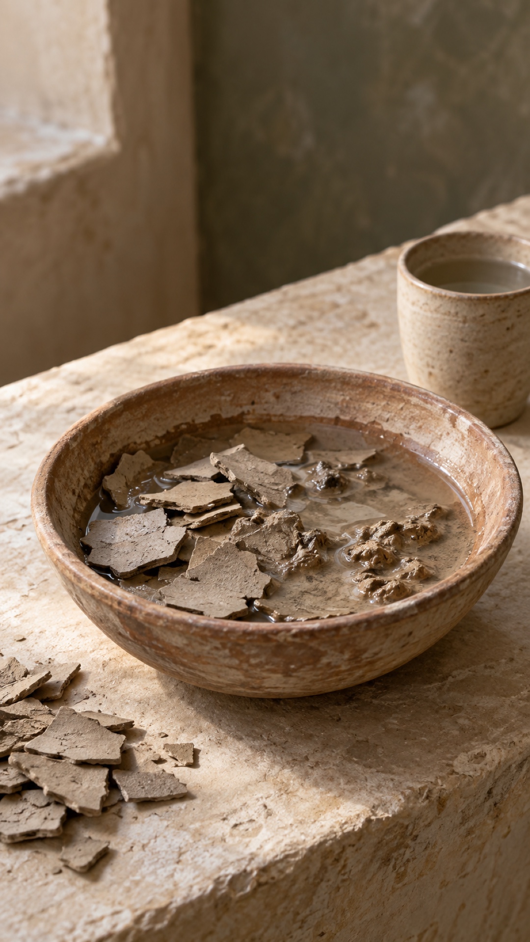 Ghassoul clay flakes soaking in a ceramic bowl of water on a limestone ledge