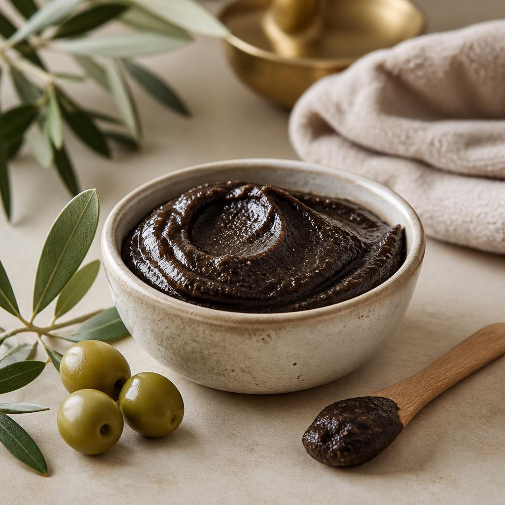 Traditional Moroccan black soap in a ceramic bowl with olives and olive leaves