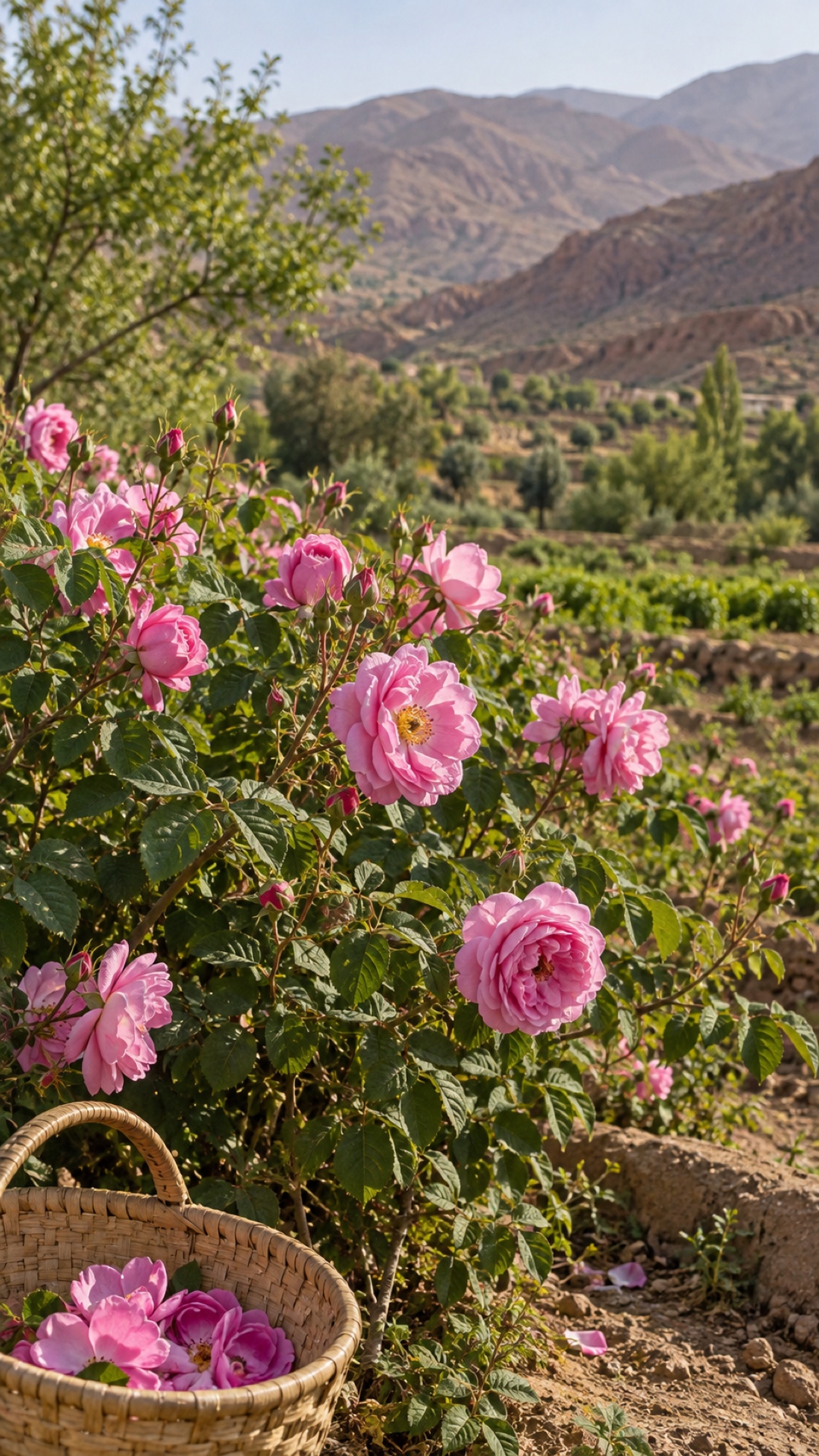 Damask rose bushes in flower with a woven basket of petals, Moroccan mountain valley behind