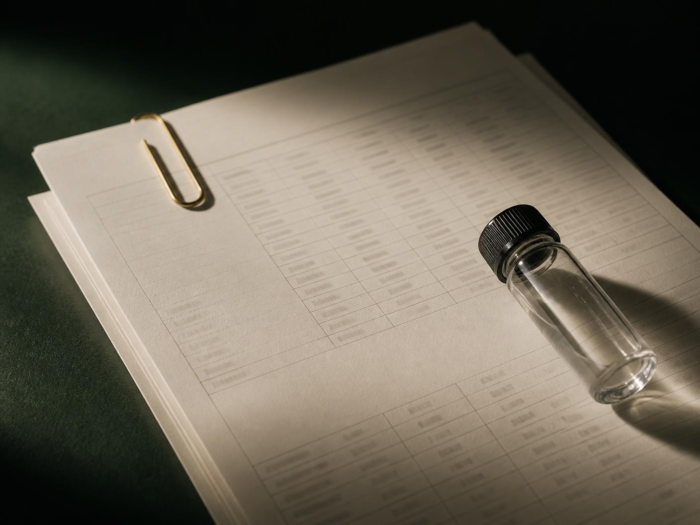 Plain unmarked technical analysis sheets with a brass clip and a glass sample vial