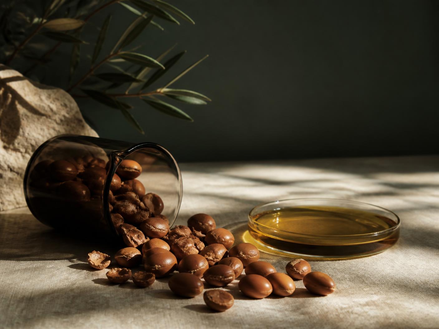 Moroccan argan oil in an amber dropper bottle beside argan kernels