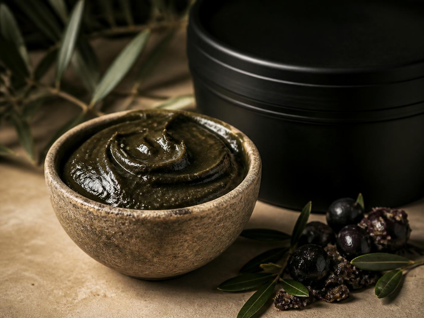 Traditional Moroccan black soap in a ceramic bowl with olives and olive leaves