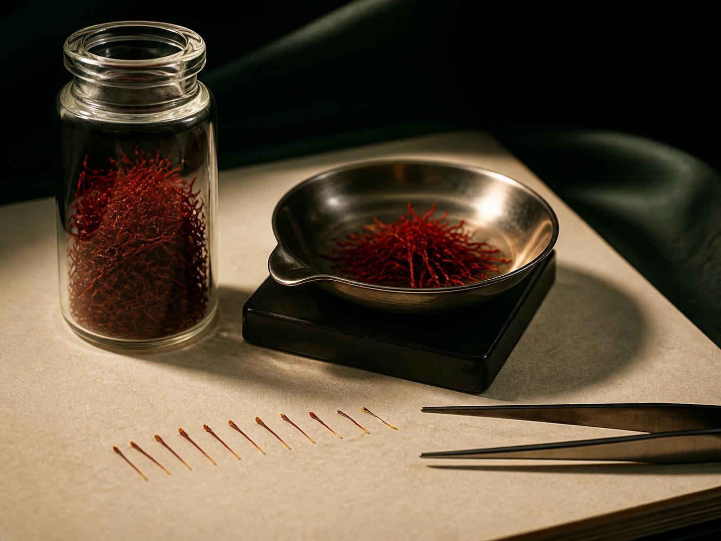 Crimson Moroccan saffron threads on a decorated porcelain plate
