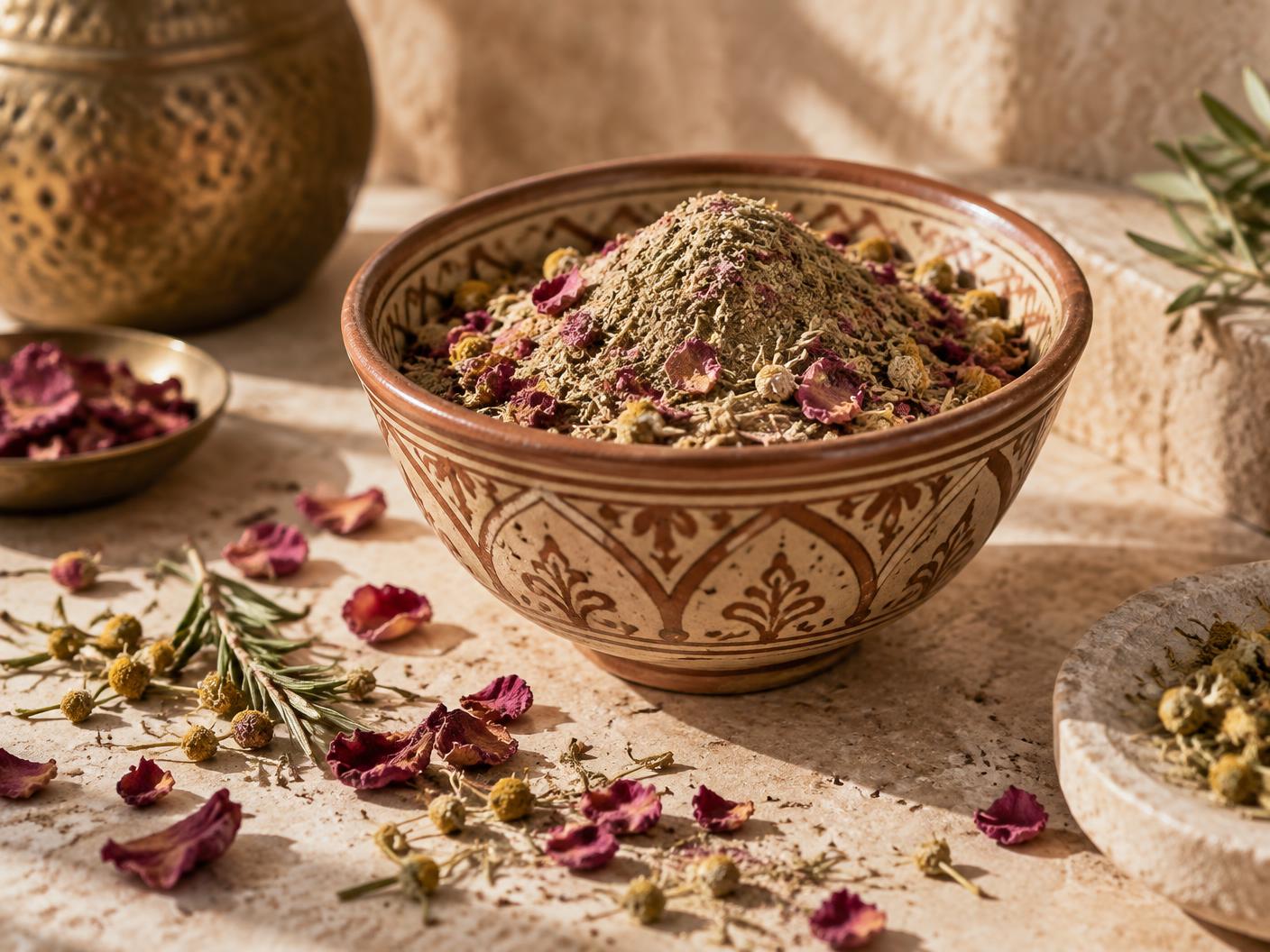 Dry Moroccan botanical blend with dried rose petals in a patterned ceramic bowl